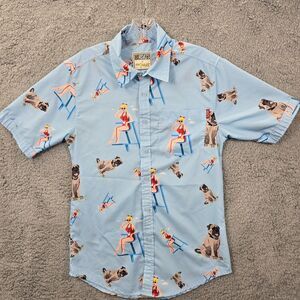 RSVLTS Light Blue Casual Button Down Shirt with Pug and Beach Print